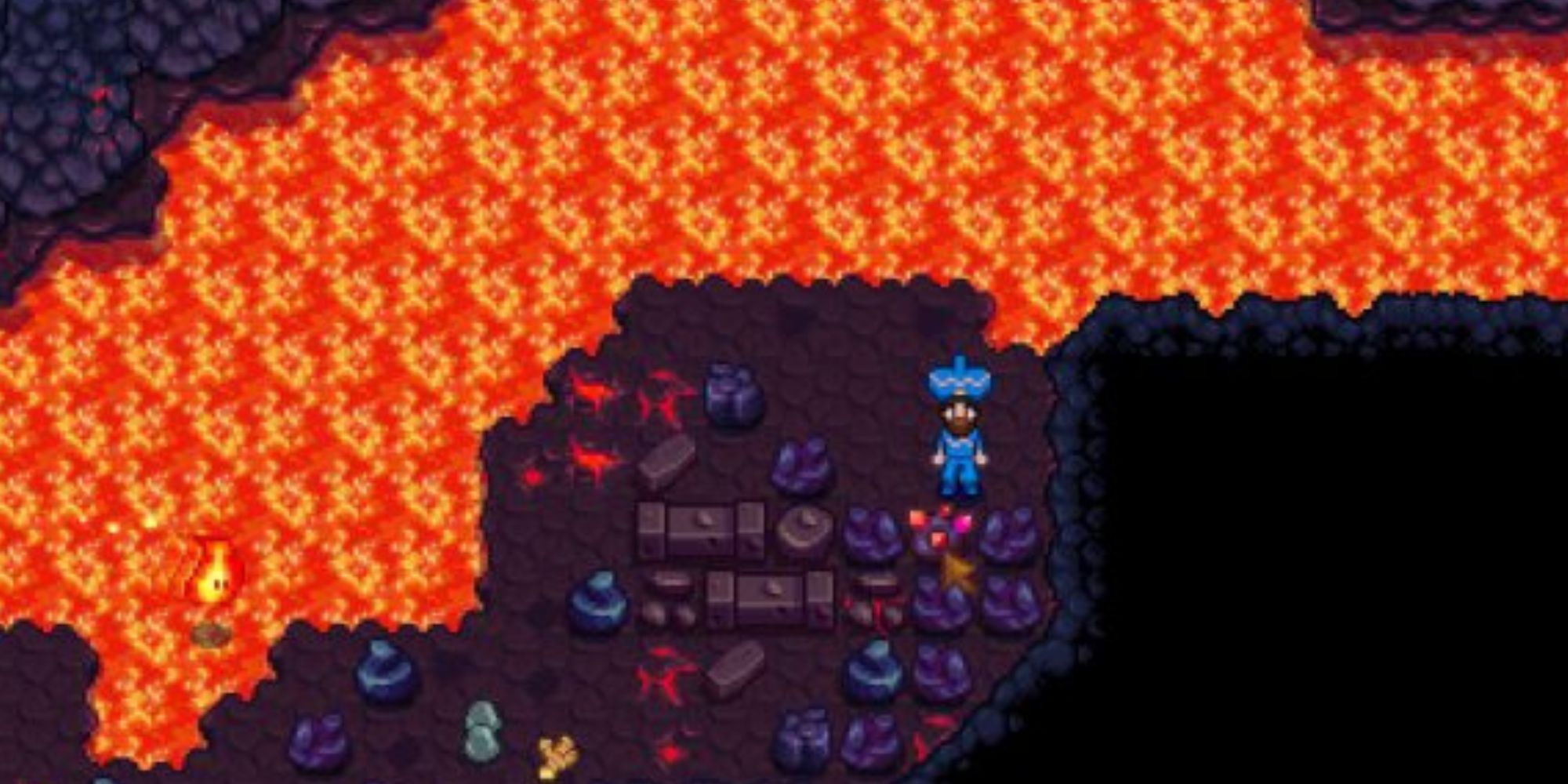 Magma Sparker in Stardew Valley over a pool of lava in the Volcano Dungeon on Ginger Island