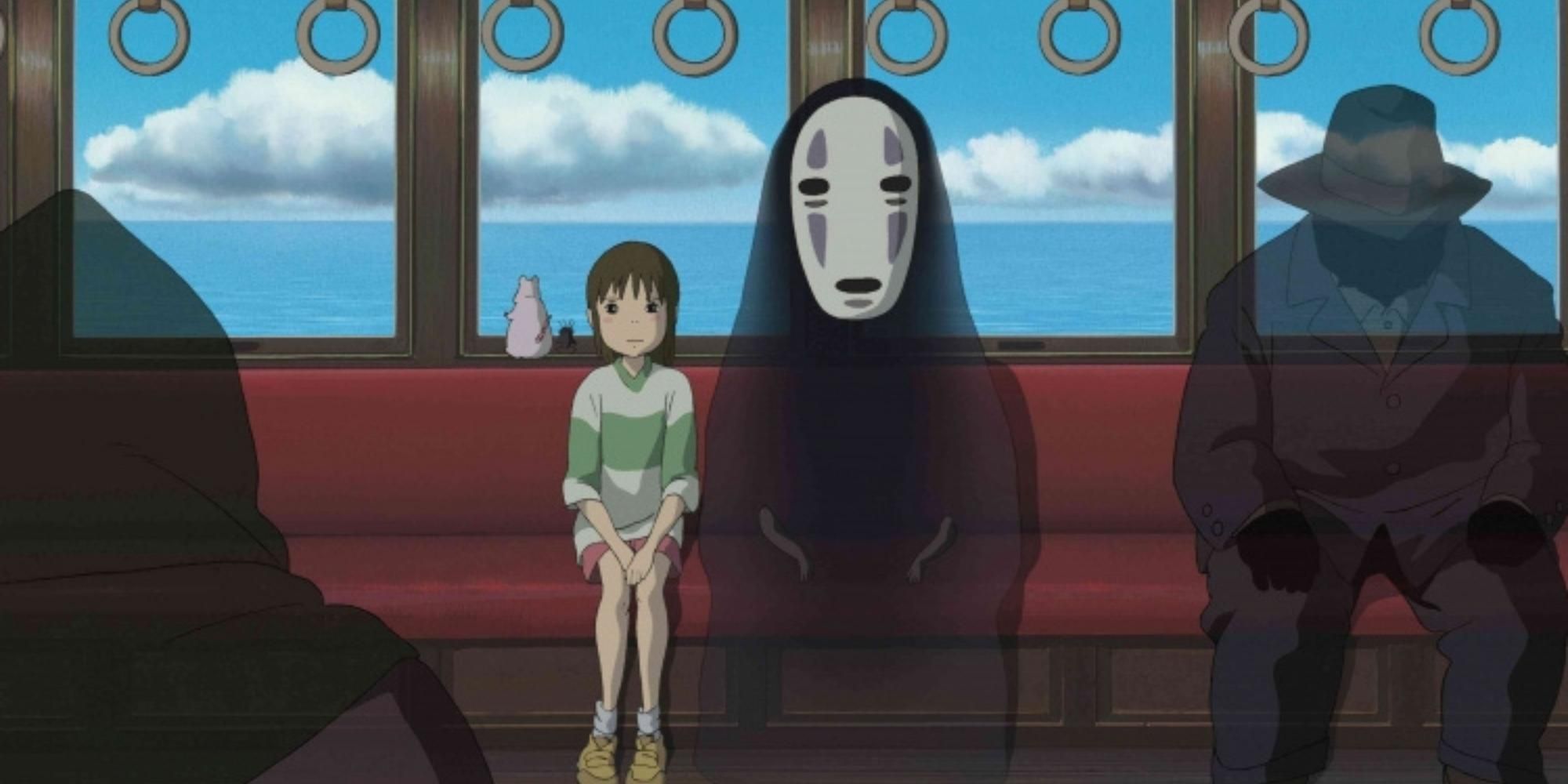 Chirio and No Face riding the train in Spirited Away