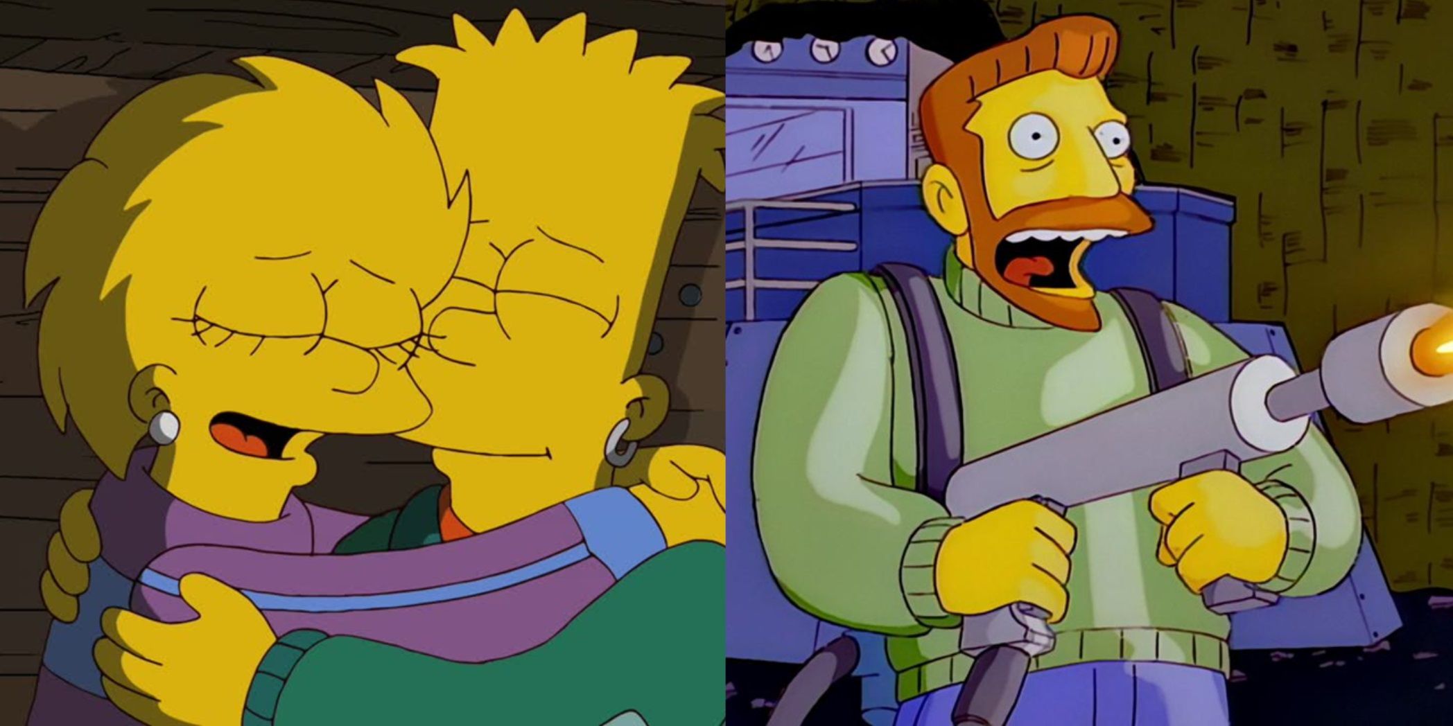 Split image of Bart and Lisa hugging in a flash forward and Hank Scorpio using a flamethrower in The Simpsons