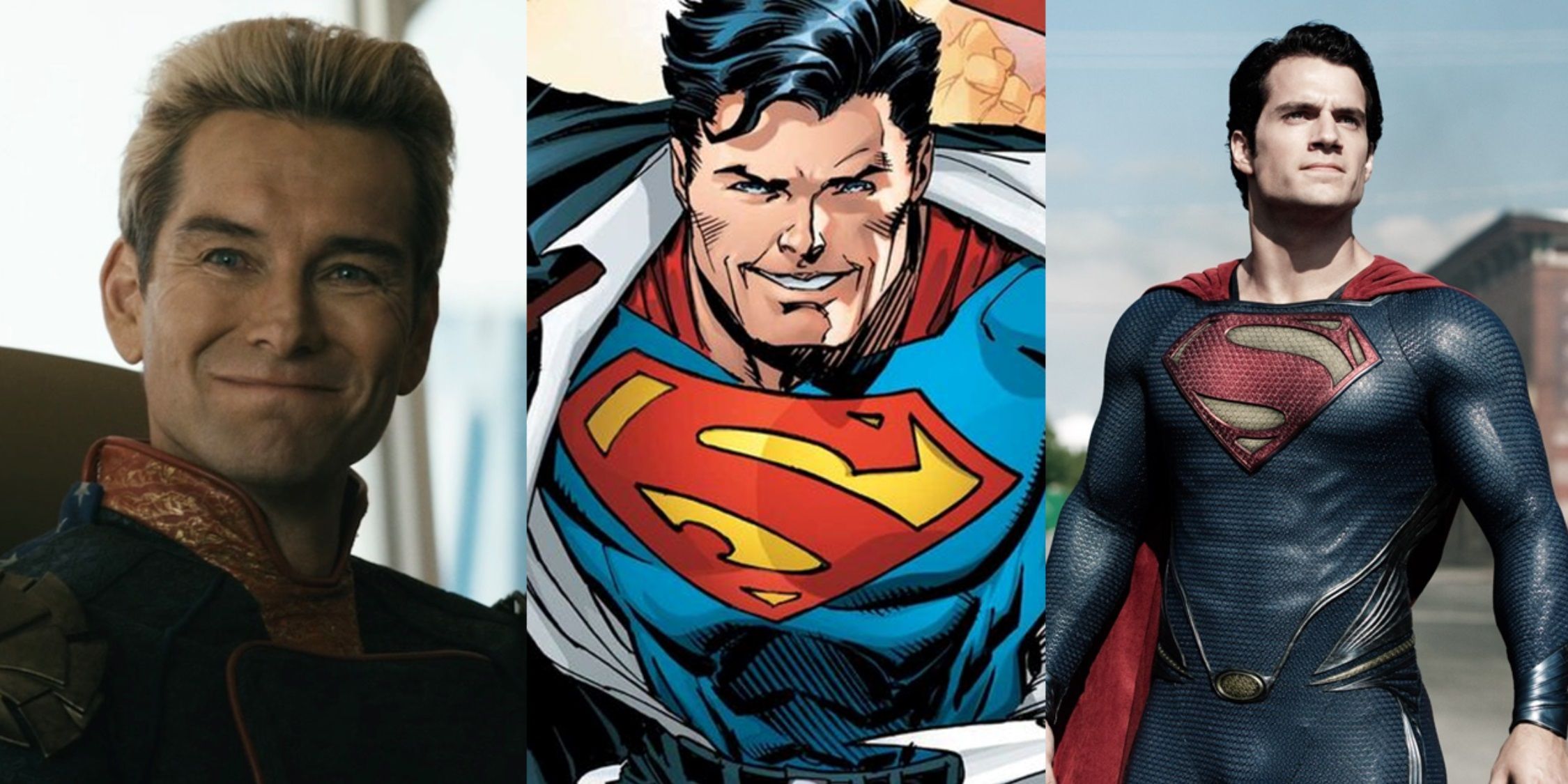 Split image of Homelander in The Boys, Superman in DC Comics, and Henry Cavill in Man of Steel