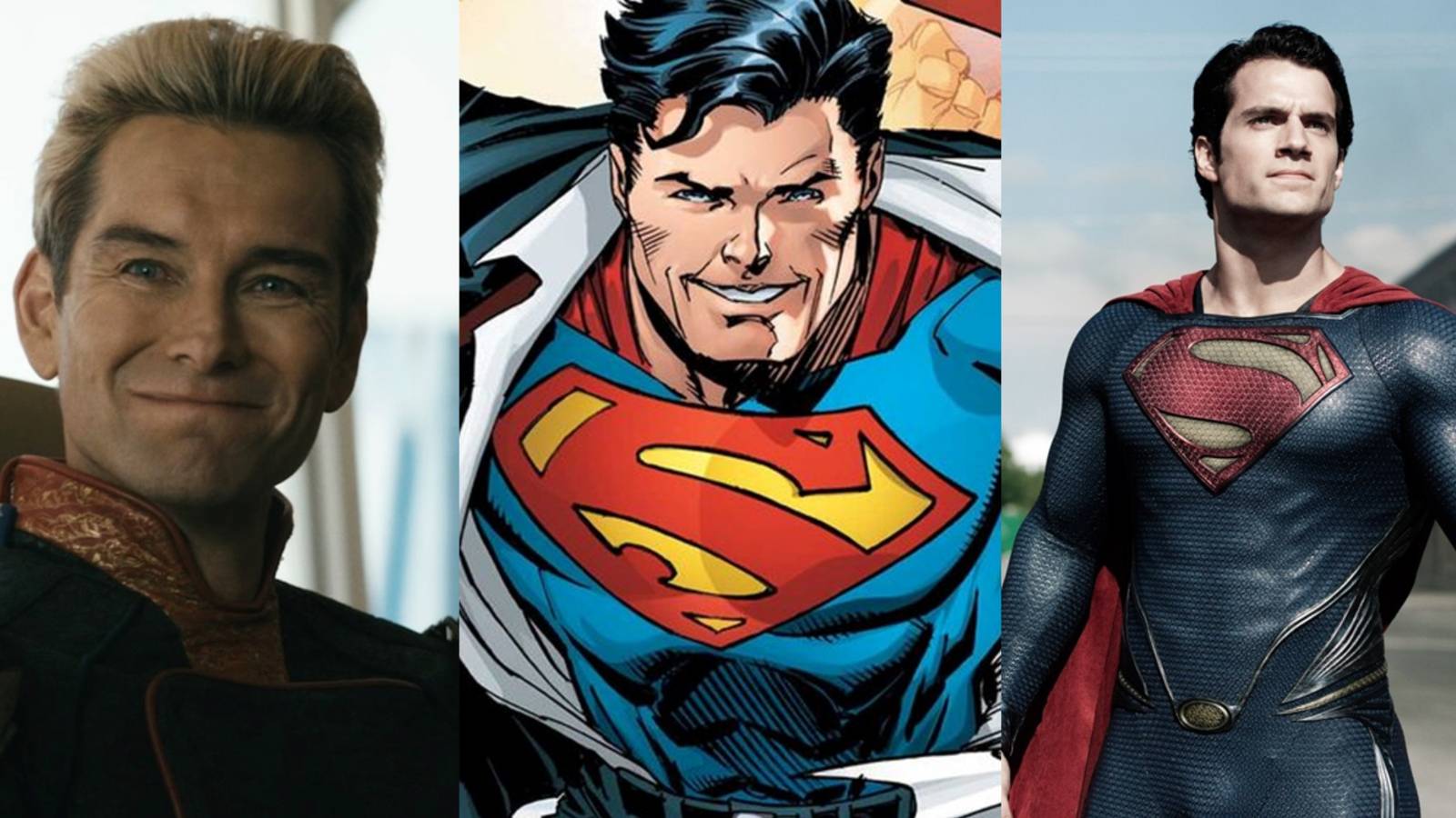 Split image of Homelander in The Boys, Superman in DC Comics, and Henry Cavill in Man of Steel