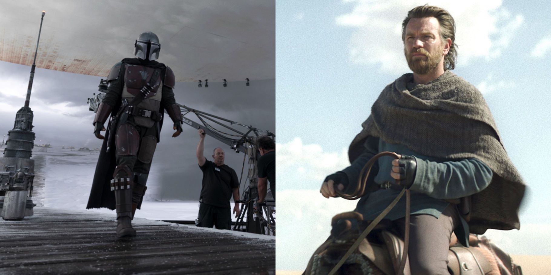 Split image of Pedro Pascal on the set of The Mandalorian and Ewan McGregor in Obi-Wan Kenobi