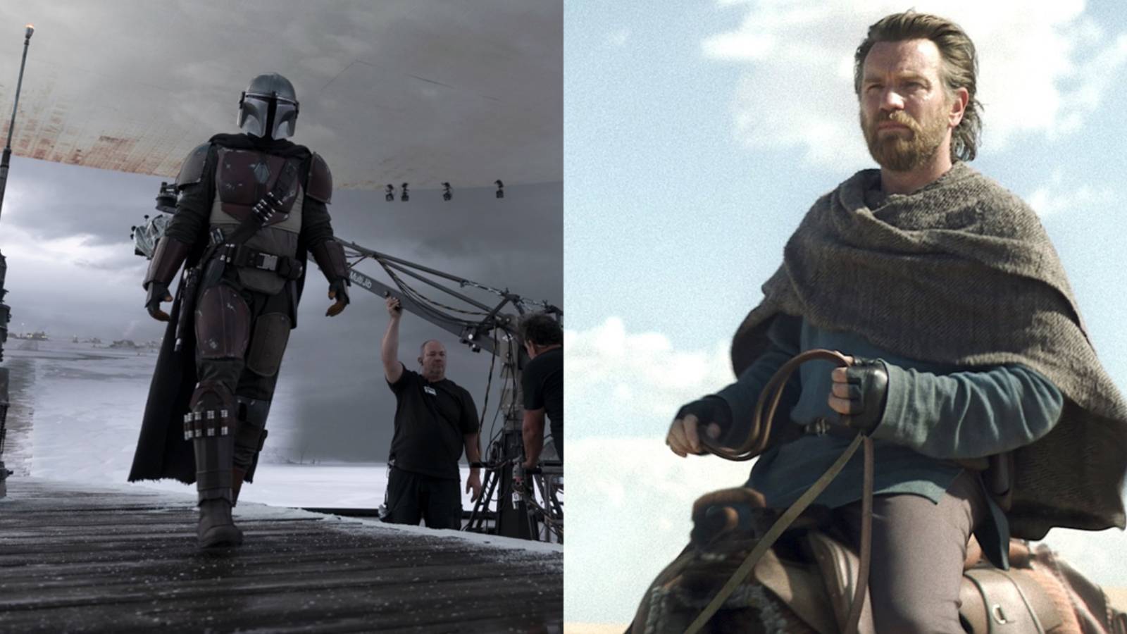 Split image of Pedro Pascal on the set of The Mandalorian and Ewan McGregor in Obi-Wan Kenobi