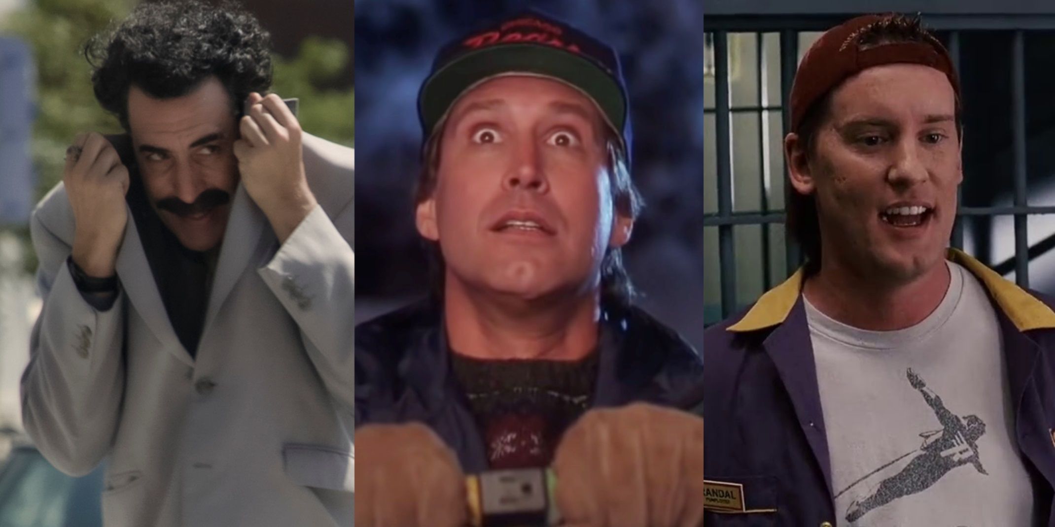 Split image of Sacha Baron Cohen in Borat Subsequent Moviefilm, Chevy Chase in Christmas Vacation, and Jeff Anderson in Clerks II