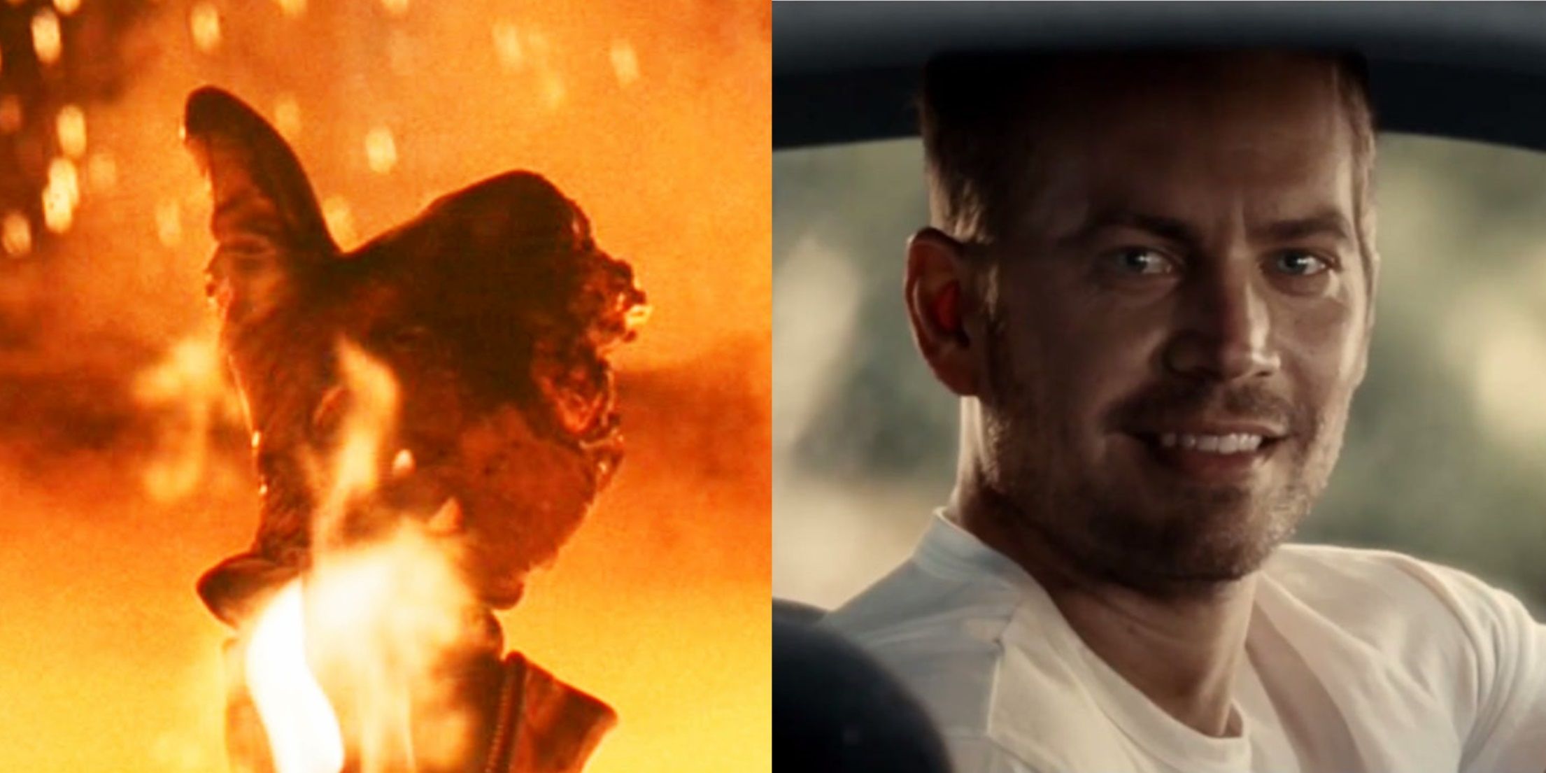 Split image of the T-800 giving a thumbs-up in T2 and Brian smiling at the end of Furious 7