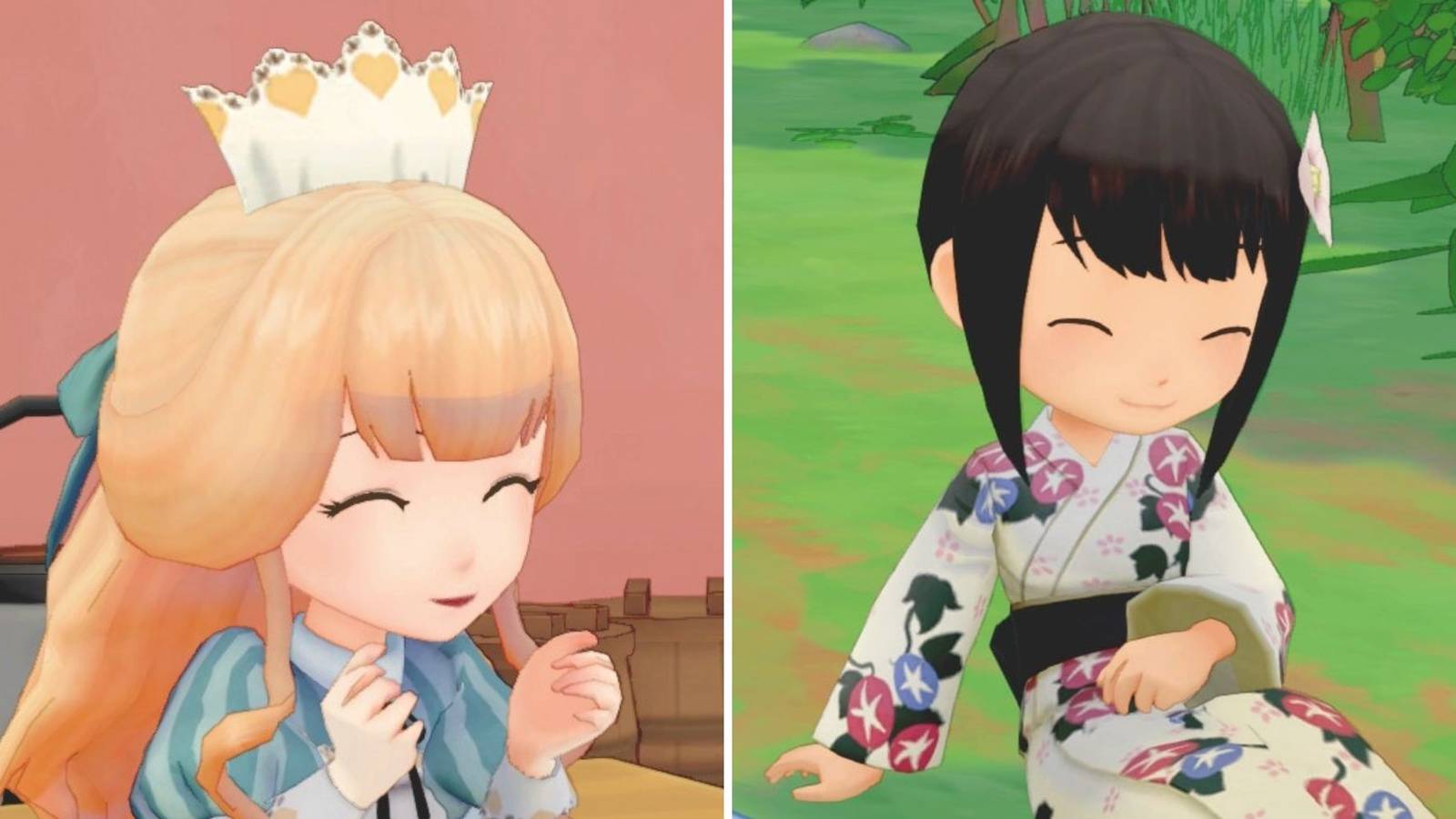 On the right is Felicia cheering and on the right is Linh smiling while she sits in Story of Seasons: Pioneers of Olive Town