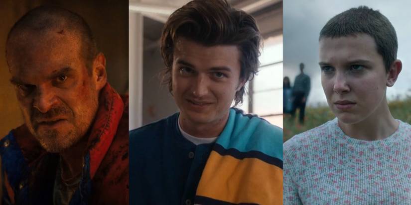 Hopper fighting a Demogorgon; Steve smiling while volunteering in Hawkins; Eleven looking off into the distance at the end of season 4