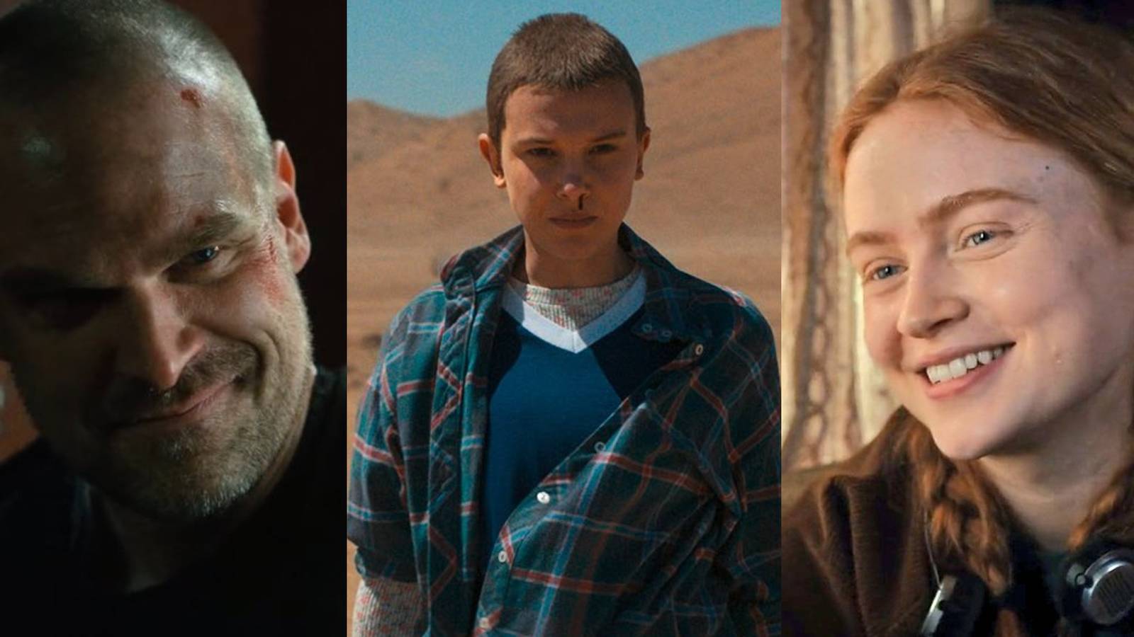 Hopper smiling at Joyce; Eleven standing in the desert; Max smiling at Lucas