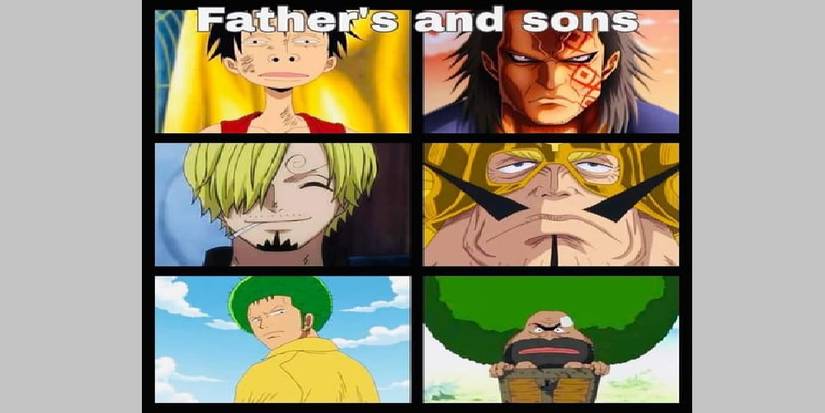 Meme featuring the Monster Trio from One Piece and their respective fathers excluding Zoro