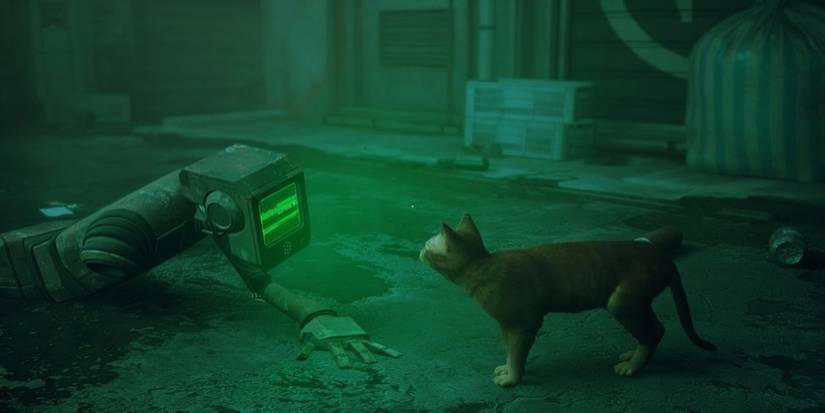 The cat approaches a broken robot in Stray