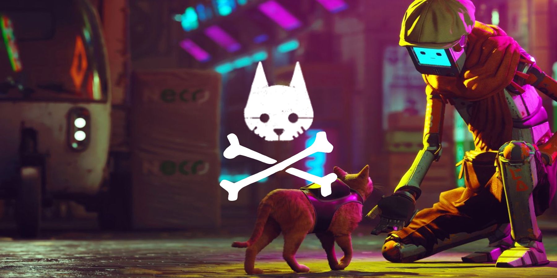 The cat from Stray approaches a robot, with a skull and crossbones overlaid