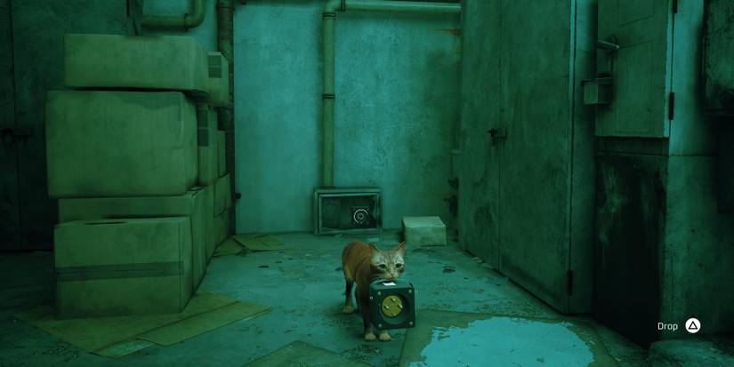 A tabby cat holding a plug in its mouth in Stray