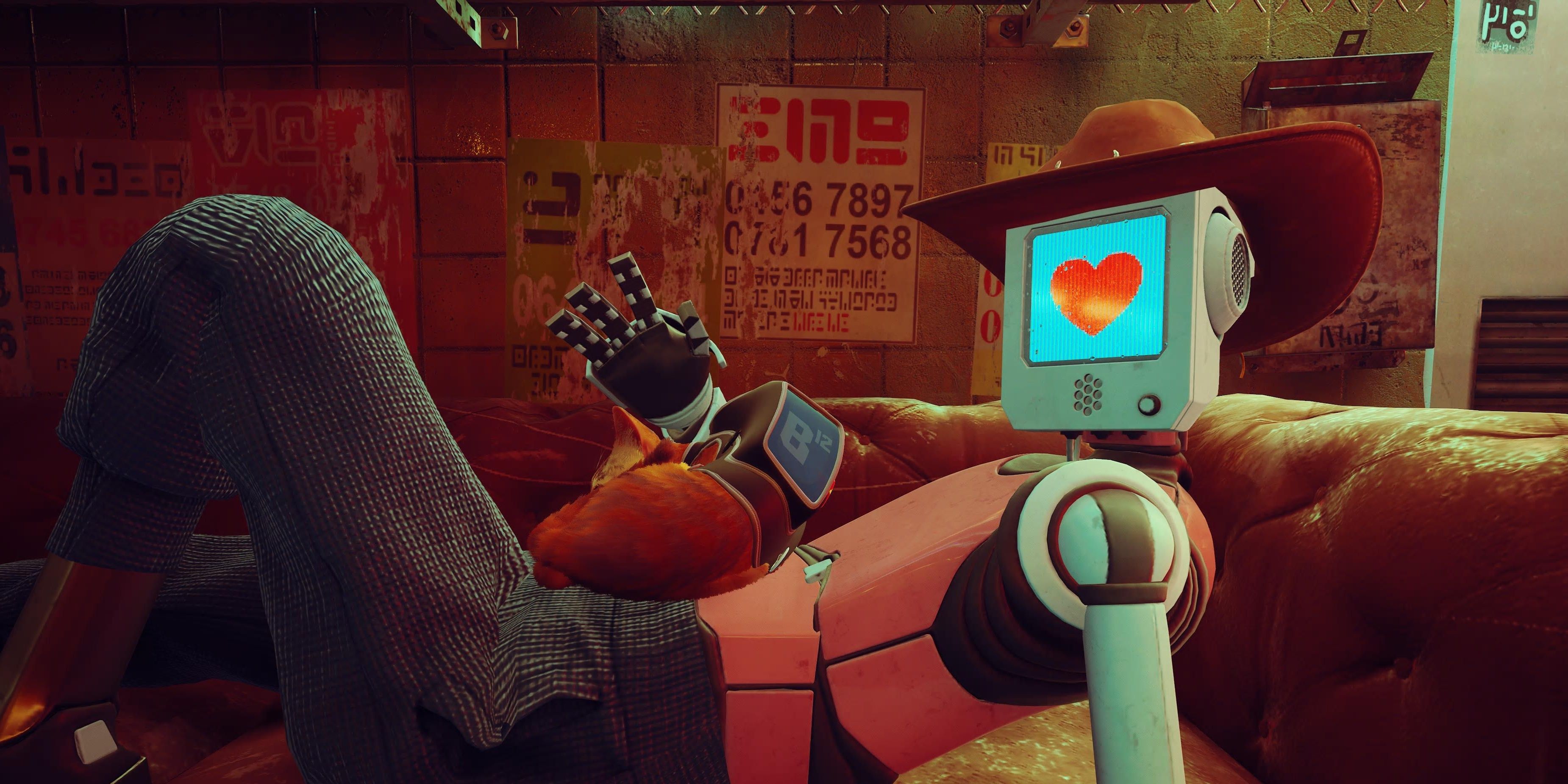 A tabby cat curled up and sleeping on a robot, who has a heart on it screen face in Stray