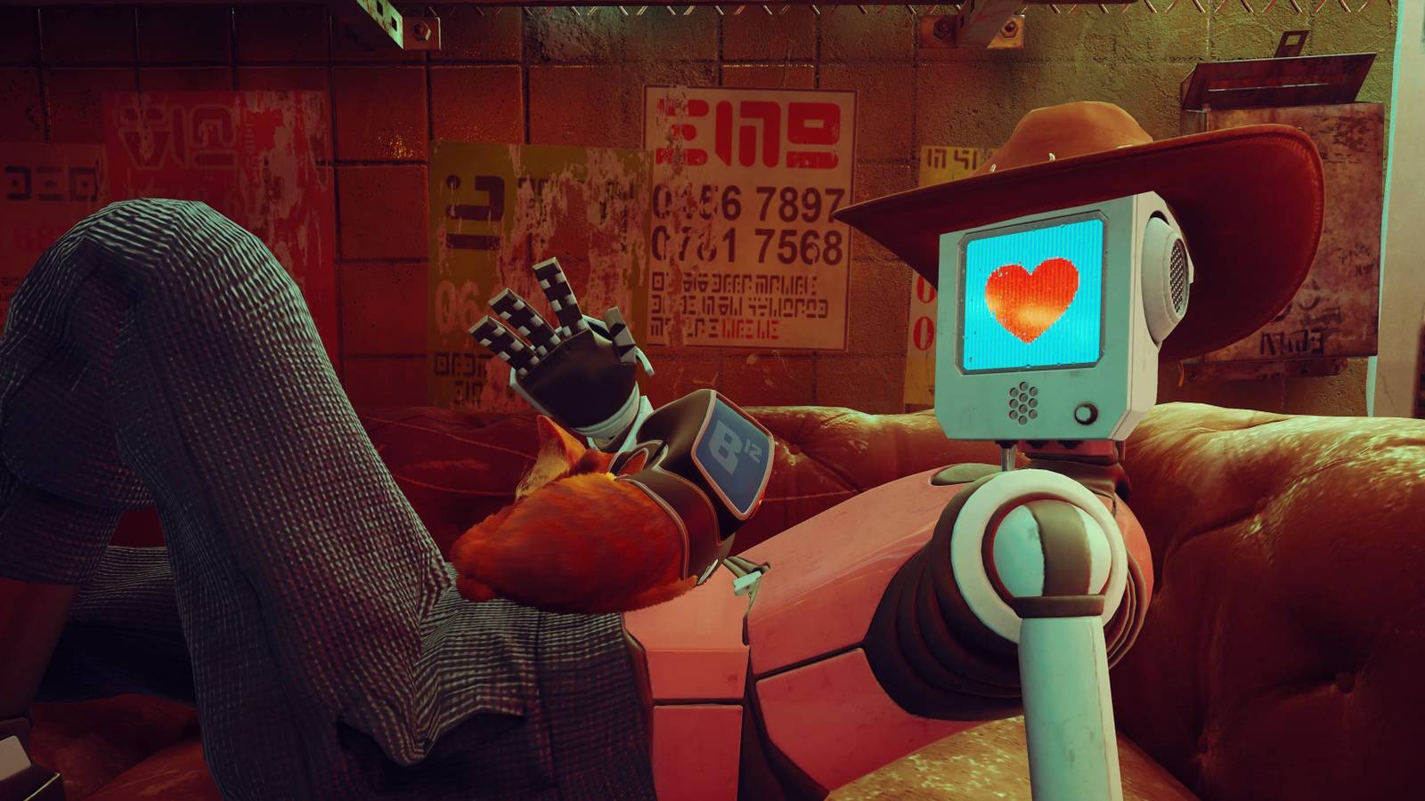 A tabby cat curled up and sleeping on a robot, who has a heart on it screen face in Stray