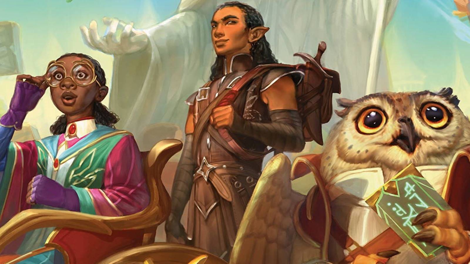 Three students arriving at Strixhaven in art for the Dungeons and Dragons book Strixhaven: A Curriculum of Chaos