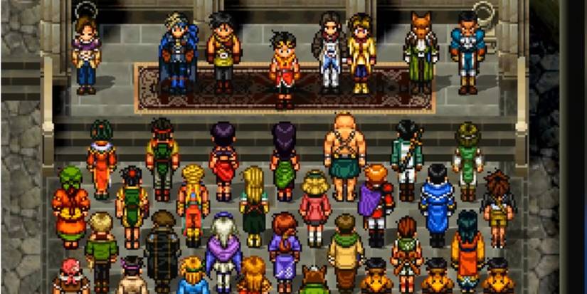 A player looking at many other playable characters in Suikoden 