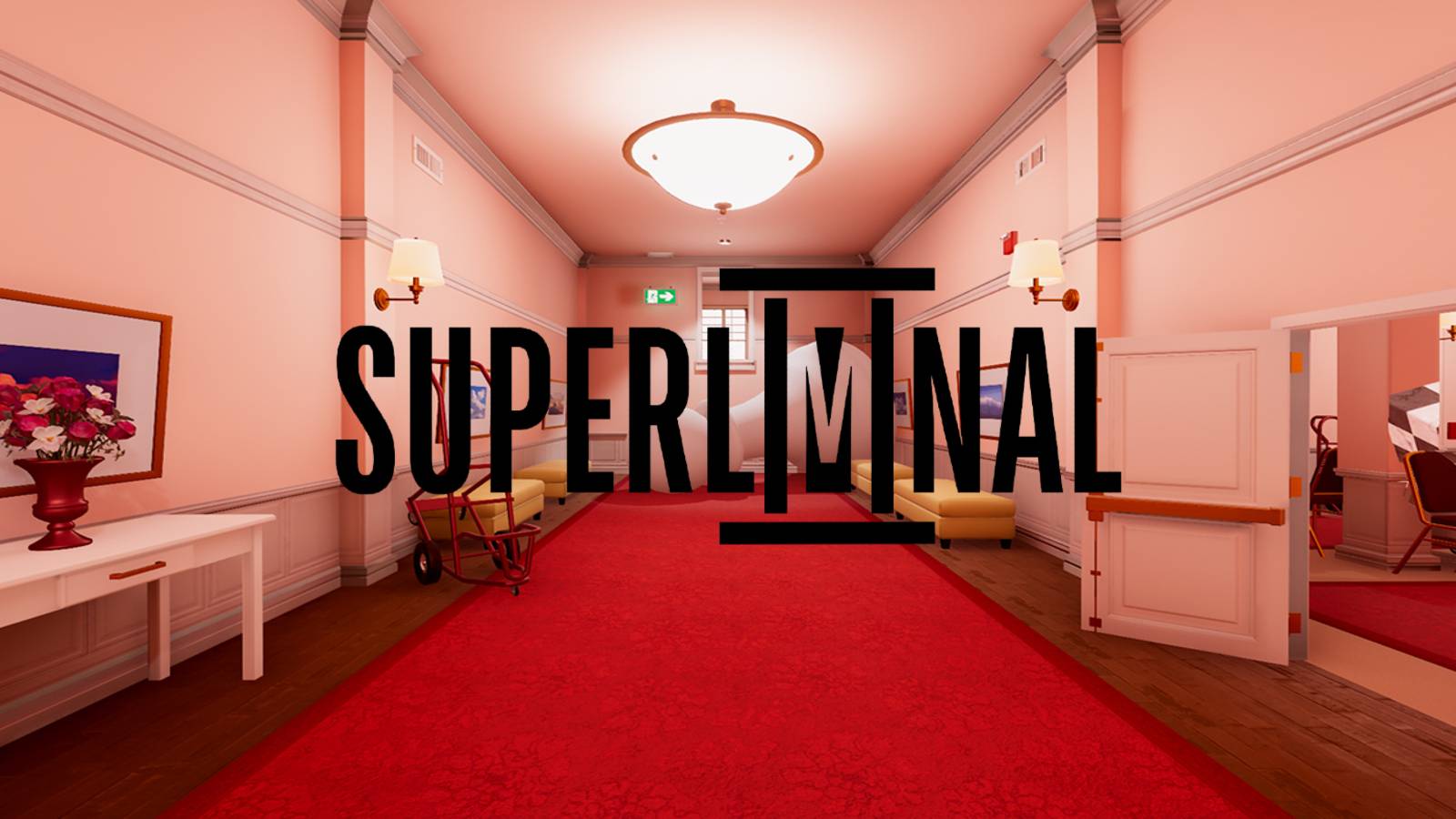 A concept Superliminal 2 logo on an in-game corridor 