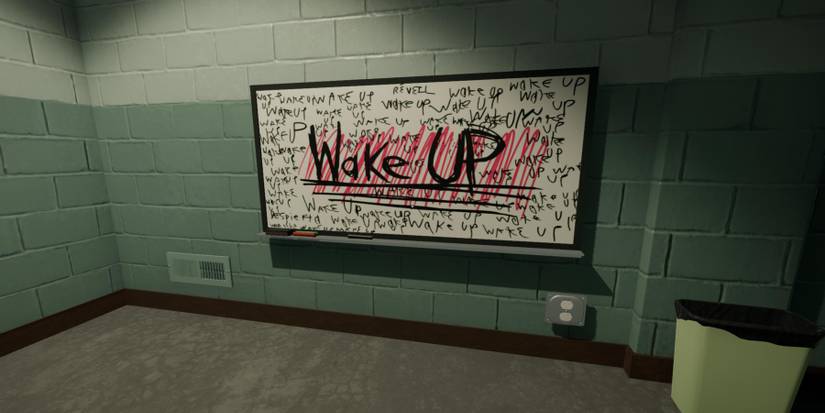 Whiteboard from Superliminal telling the player to wake up