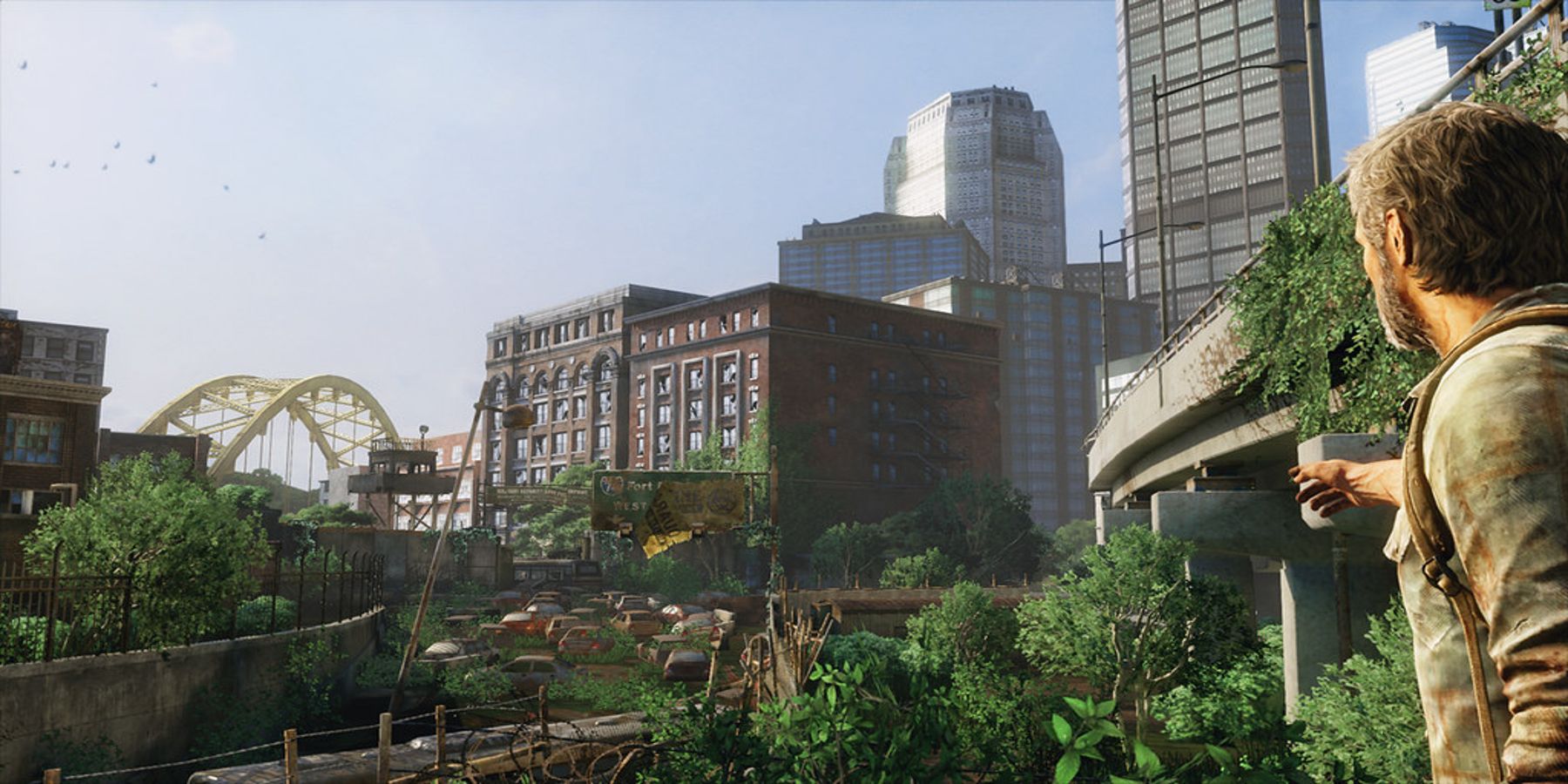 The bridge landmark in the distance in The Last of Us' Pittsburgh level. 