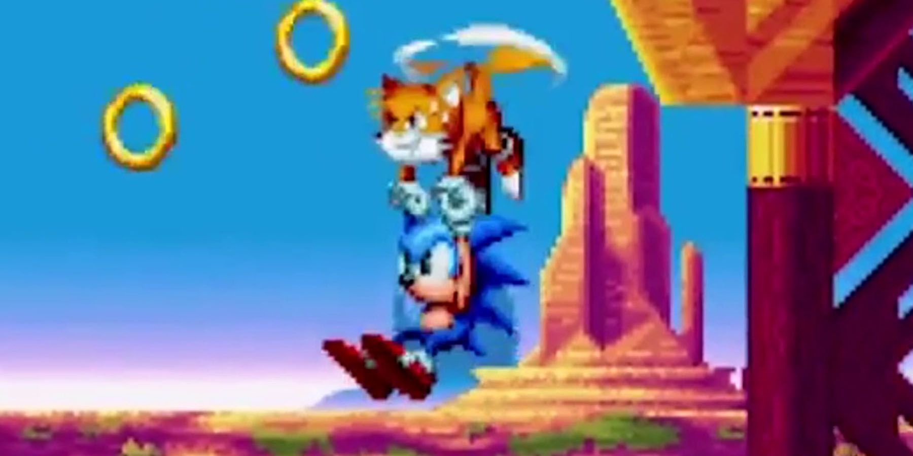 Tails lifting Sonic in the air