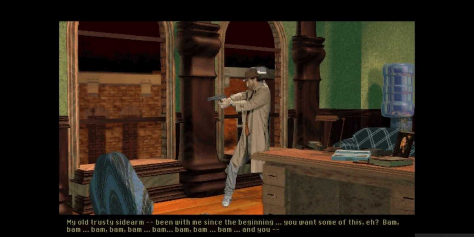 Tex holding a gun in Tex Murphy Under a Killing Moon