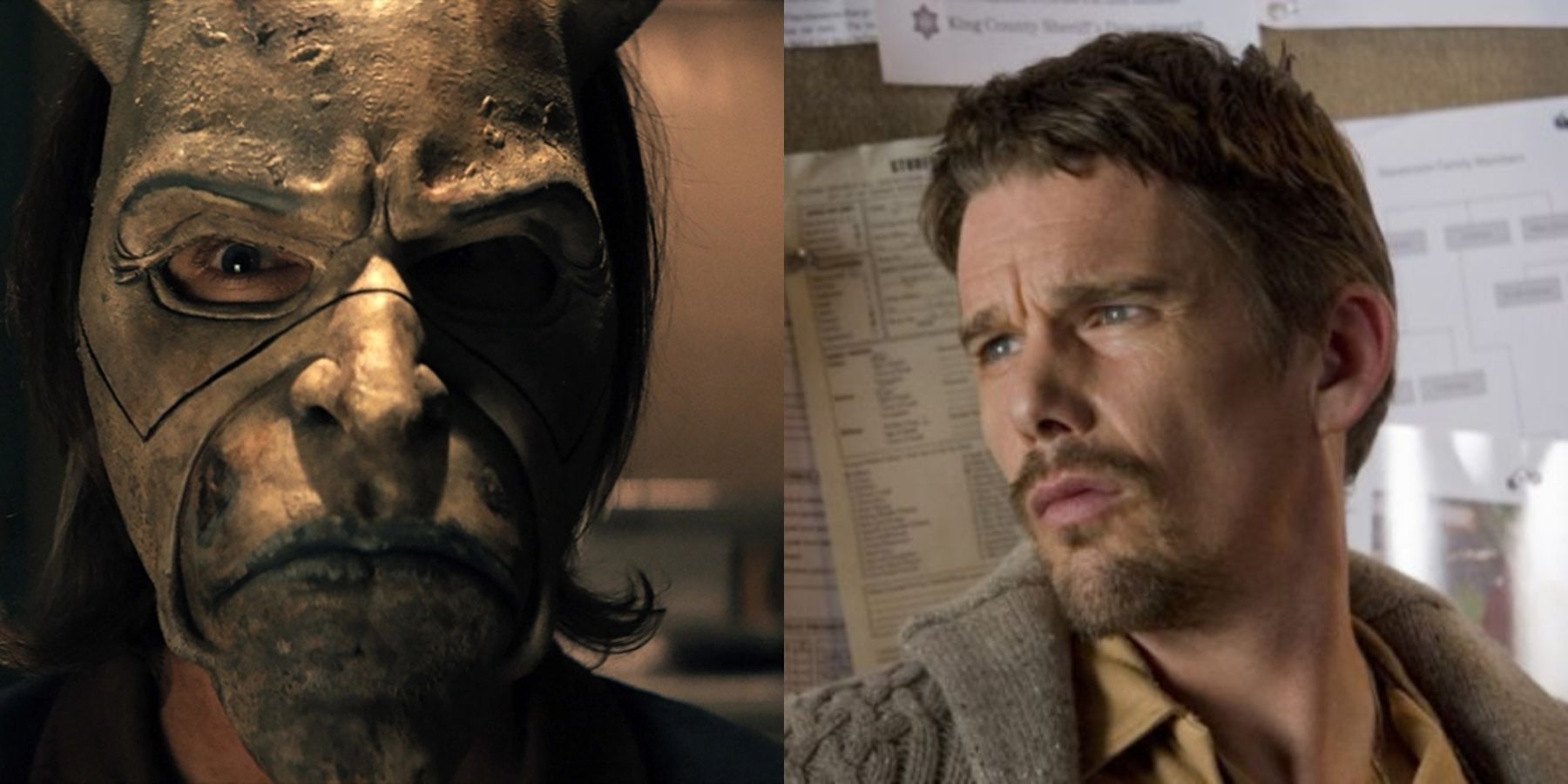 Split image of Ethan Hawke as The Grabber in The Black Phone and Ellison Oswalt in Sinister