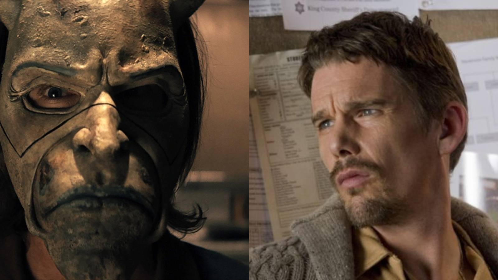 Split image of Ethan Hawke as The Grabber in The Black Phone and Ellison Oswalt in Sinister
