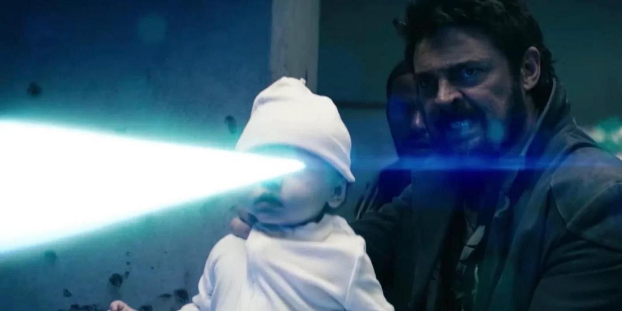 Butcher fights with laser eyes baby in The Boys