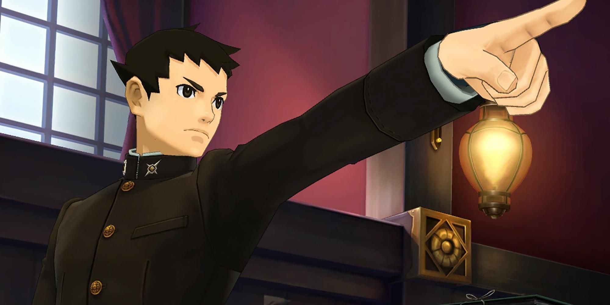 Ryunosuke investigating in The Great Ace Attorney Chronicles