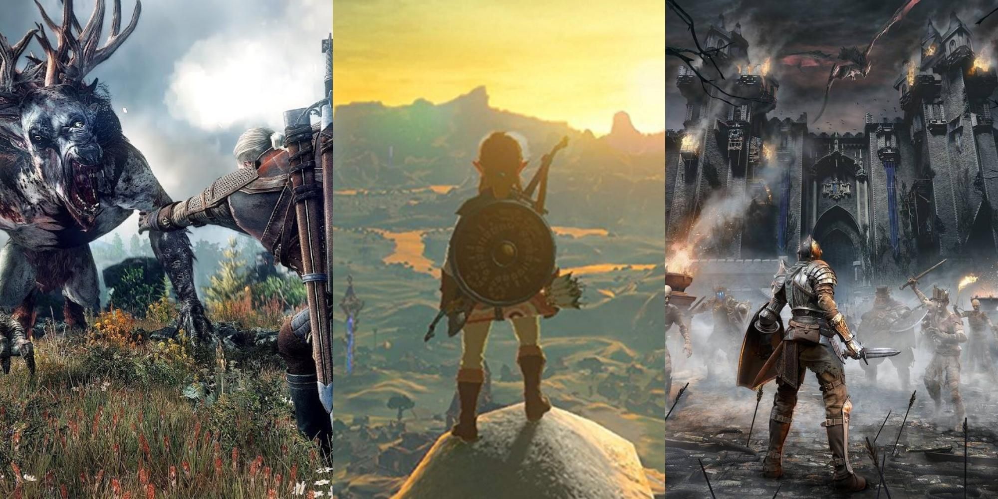 Geralt fighting in The Witcher, Zelda standing on top mountain The Legend Of Zelda, Soldier standing in Dark Souls
