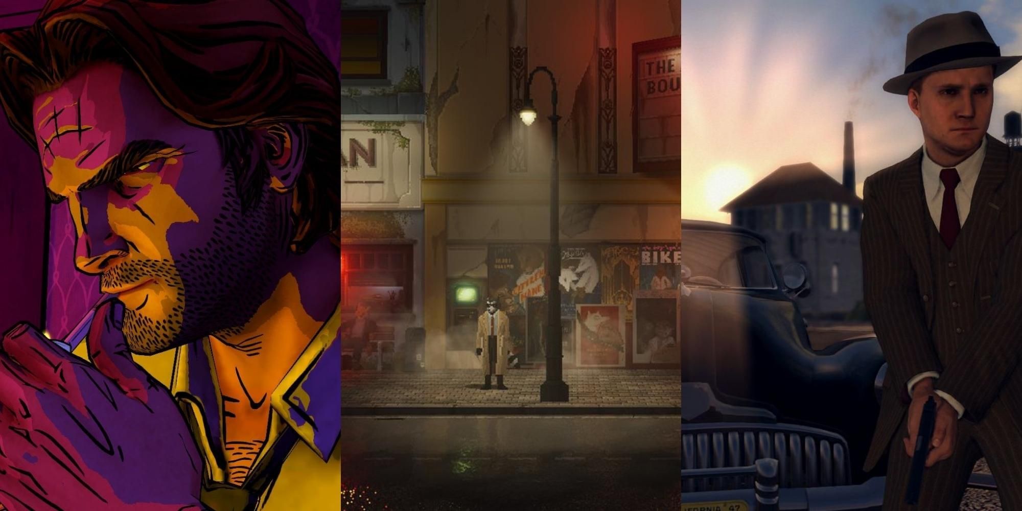 Wolf smoking in The Wolf Among Us, Howard stadning in Backbone, Cole holding a gun inL.A. Noire