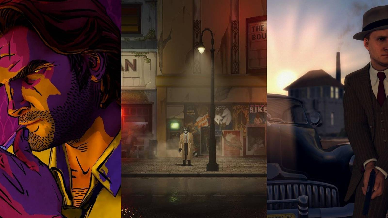 Wolf smoking in The Wolf Among Us, Howard stadning in Backbone, Cole holding a gun inL.A. Noire