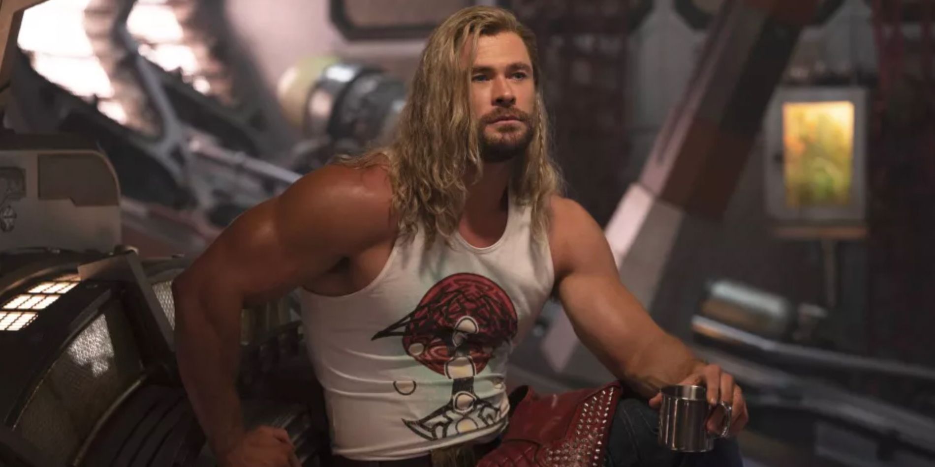 Thor in his tee shirt on a spaceship in Thor Love And Thunder