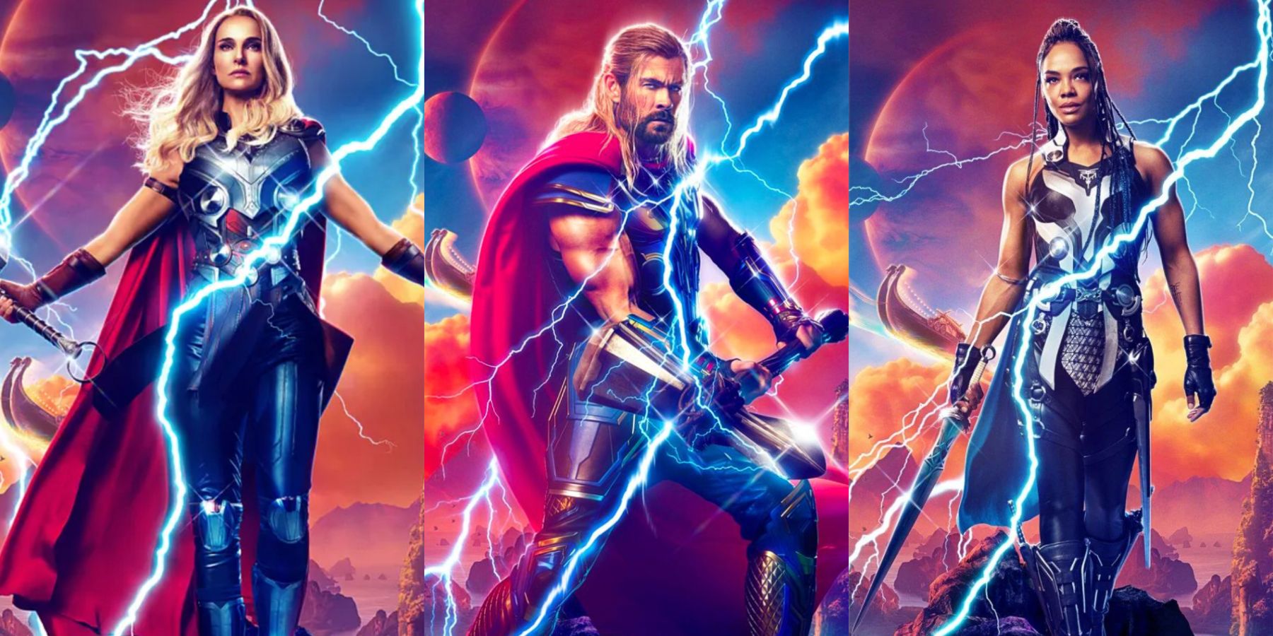 A split image features Thor: Love And Thunder posters for Jane, Thor, and Valkyrie