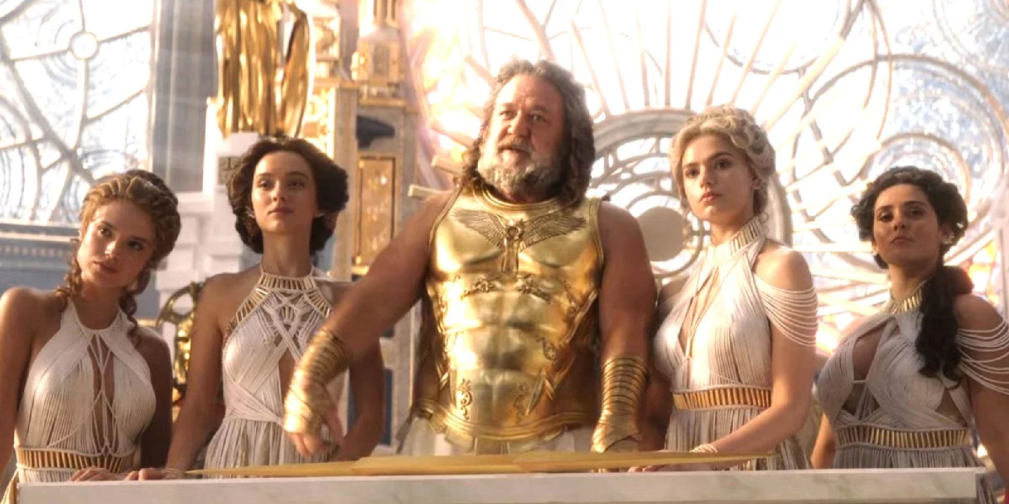 Russell Crowe as Zeus with a harem of women in Thor Love and Thunder