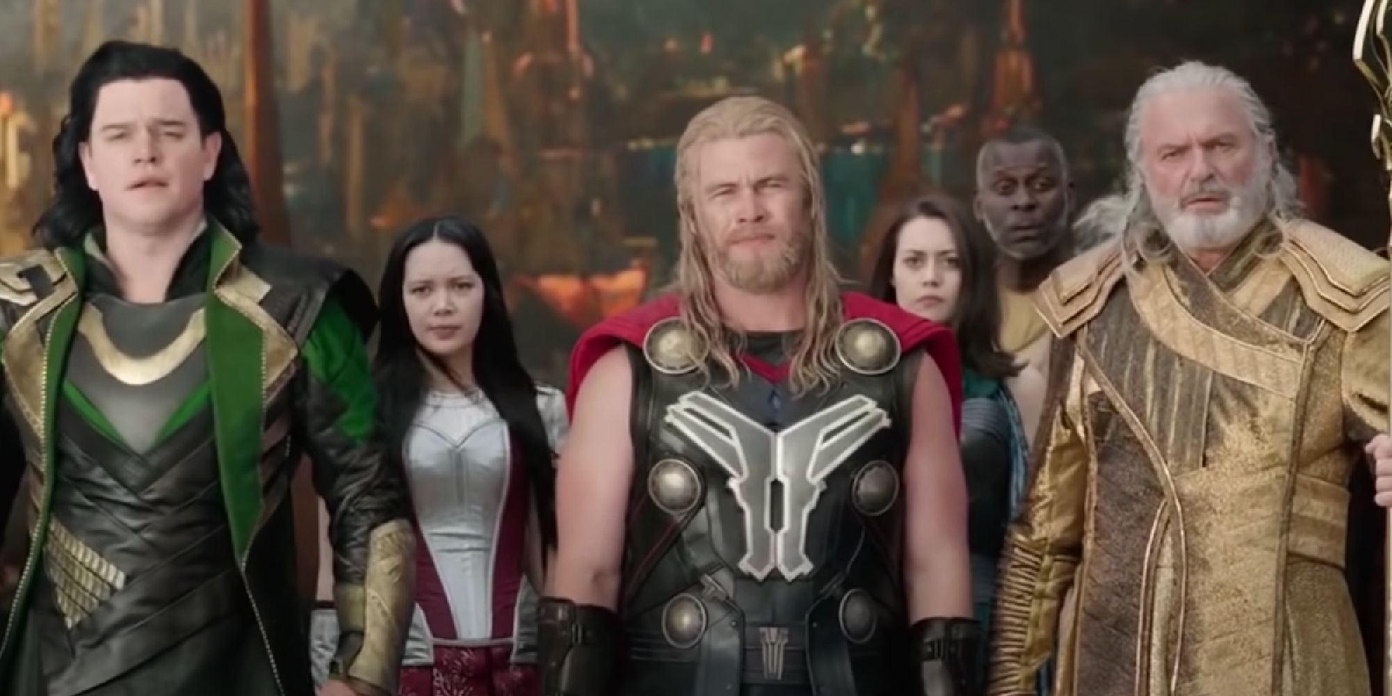 Matt Damon, Luke Hemsworth, and Sam O'Neill as Asgardian actors in Thor: Ragnarok