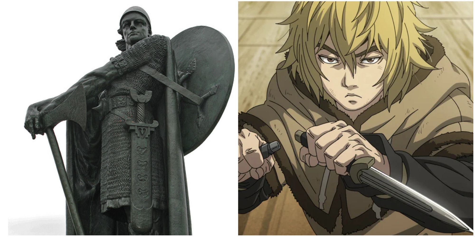 Thorfinn in Vinland Saga and a statue by Einur Jonsson, Picture by Michael W. Murphy