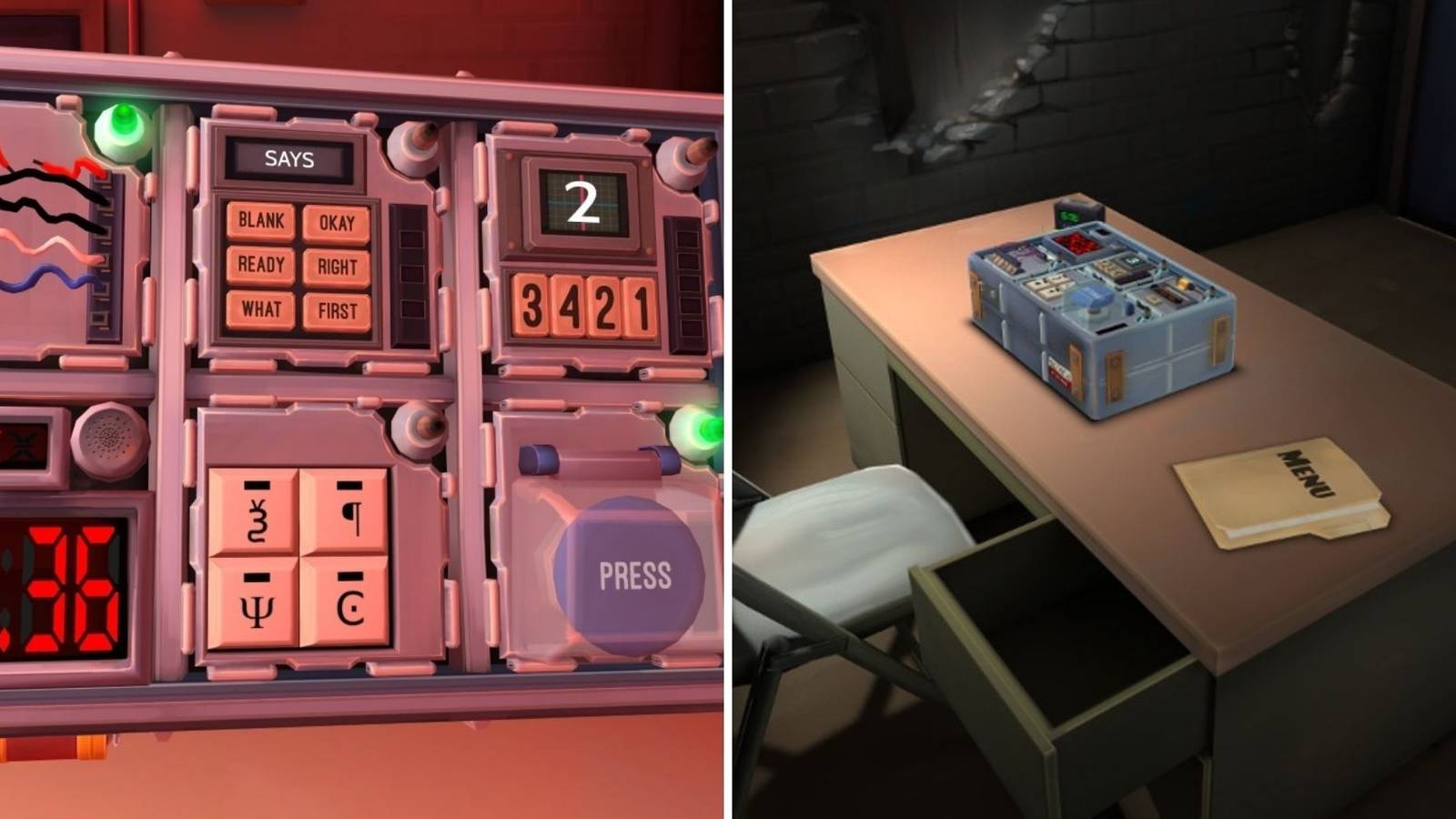 On the left is a bomb with one strike and on the right is a long shot of a bomb on a table