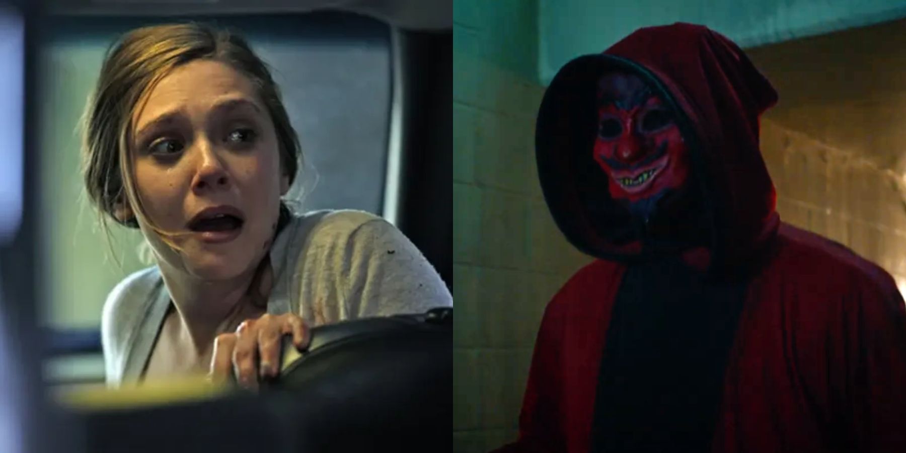 Split image of Sarah (Elizabeth Olsen) in Silent House and a man in a mask in Haunt