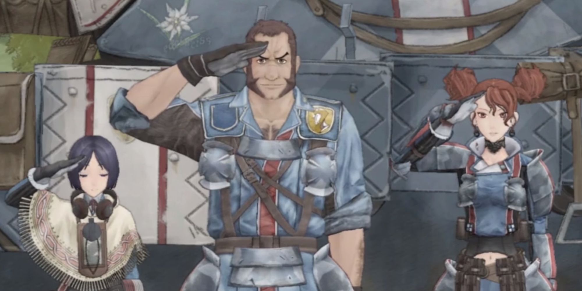 Valkyria Chronicles three supporting characters saluting