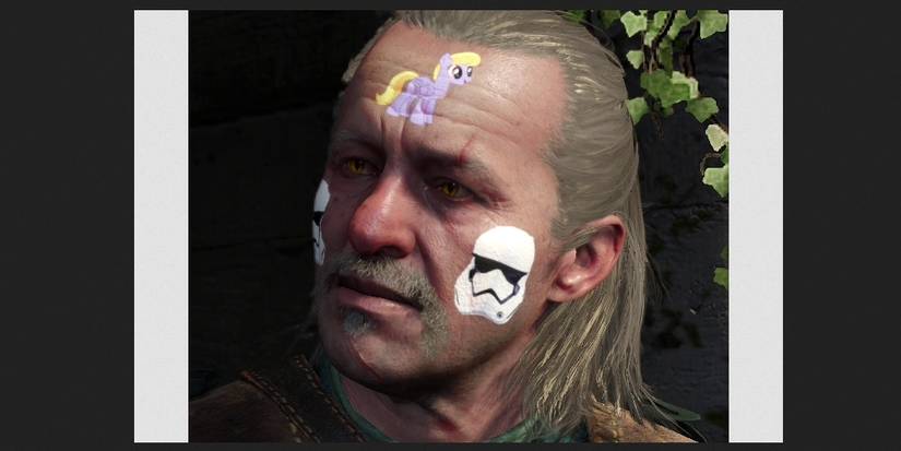 Closeup of Vesemir with storm trooper helmets on both cheeks and a "My Little Pony" on his forehead. Image source: Nexus Mods