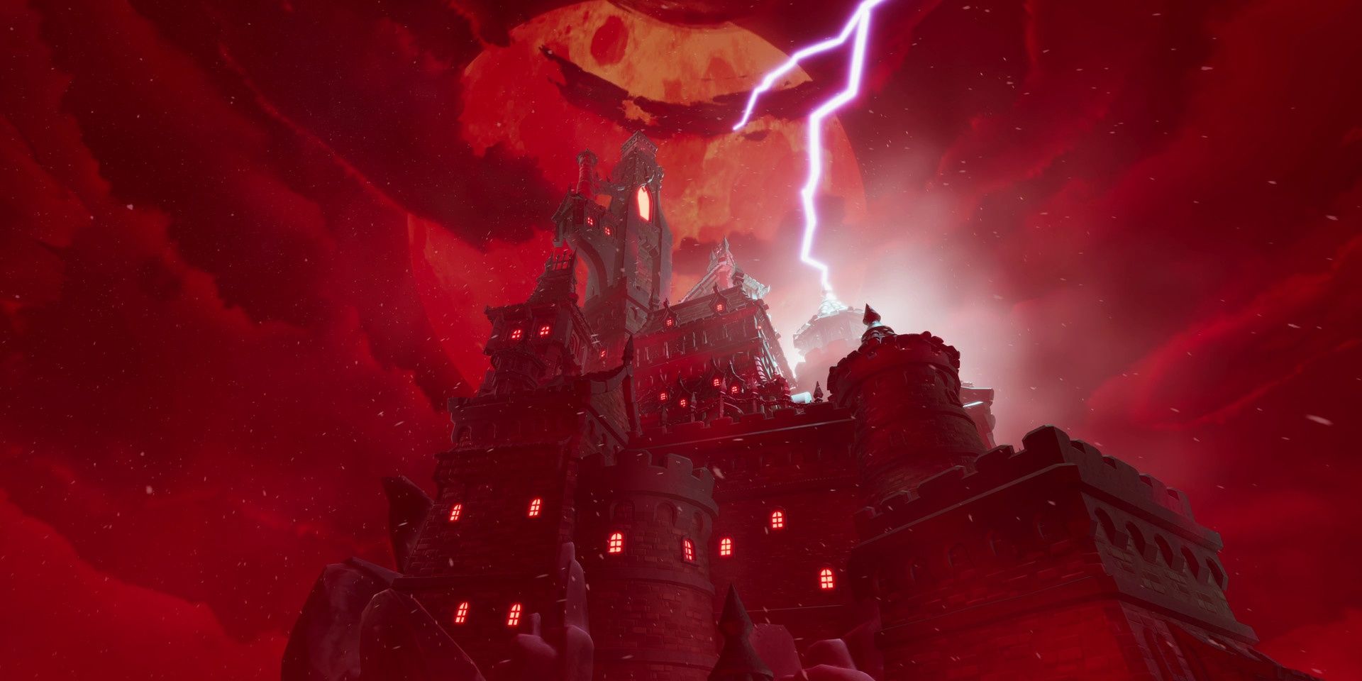 A red sky and stormy clouds with lightning striking the castle in We Were Here Forever