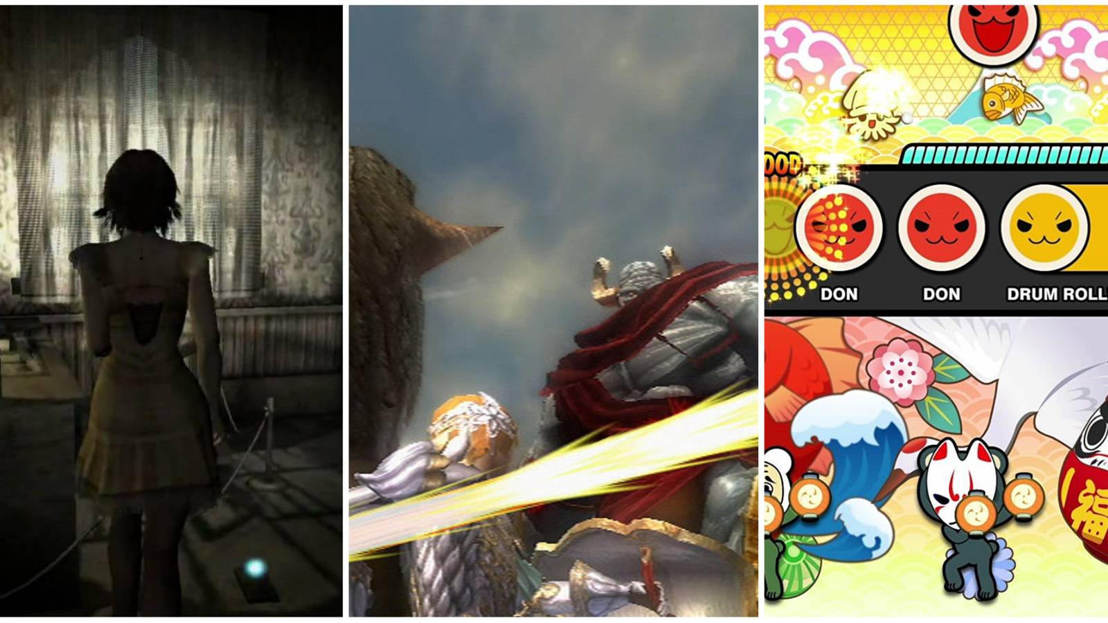 Split image of Fatal Frame 4, Zangeki No Reginleiv, Taiko no Tatsujin Wii