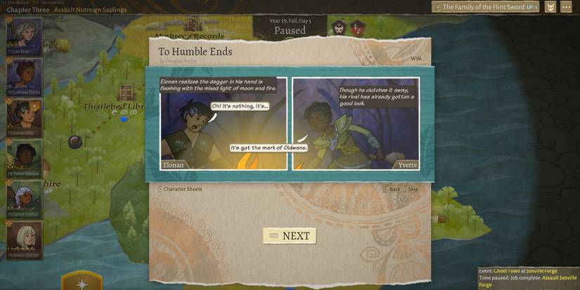 Wildermyth adventurers discussing the Dagger of Oldwane