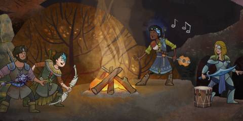 Wildermyth Slacker - A group of Wildermyth adventurers around a fire