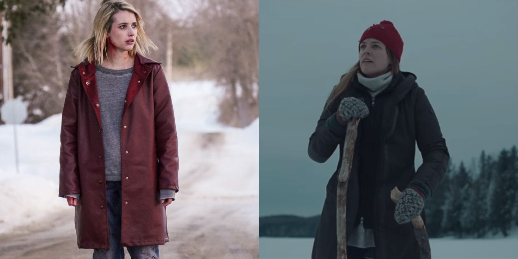 Split image of Emma Roberts in The Blackcoat's Daughter and Riley Keough in The Lodge