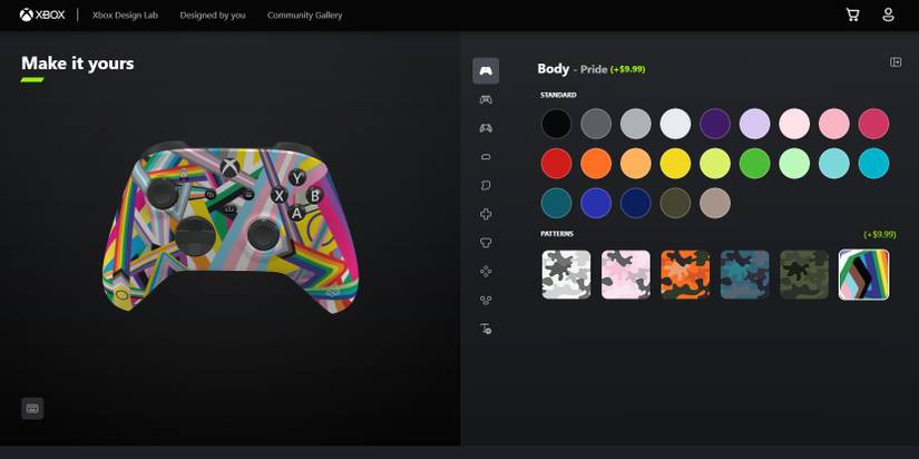 The Pride Pattern on an Xbox Controller in Xbox Design Lab