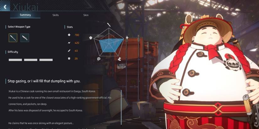 The character menu for Xiukai from Eternal Return