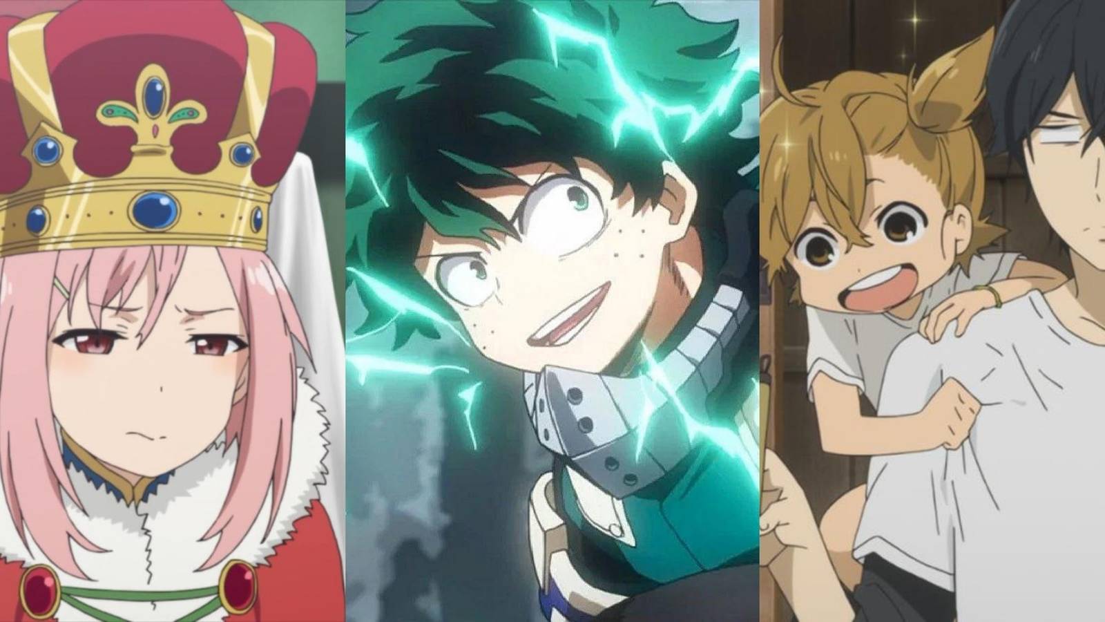 Yoshino in Sakura Quest, Deku in My Hero Academia, Seishu and Haru in Barakamon