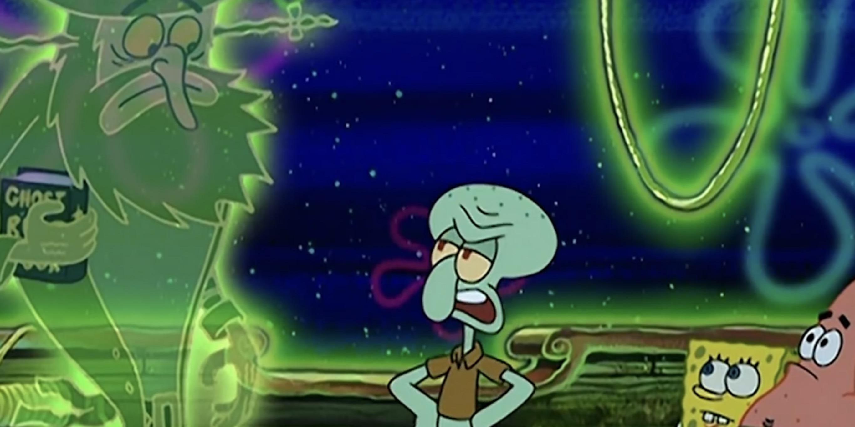 Squidward (center) glares disapprovingly at the Flying Dutchman (left) as SpongeBob and Patrick (right) watch on. Image source: reddit.com